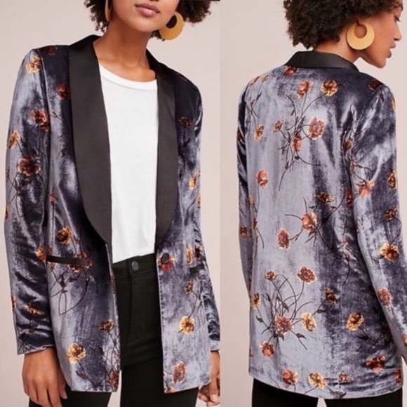 Anthropologie Jackets & Blazers - Anthropologie Cartonnier Velvet Floral Blazer Grey Lagenlook Boho Size